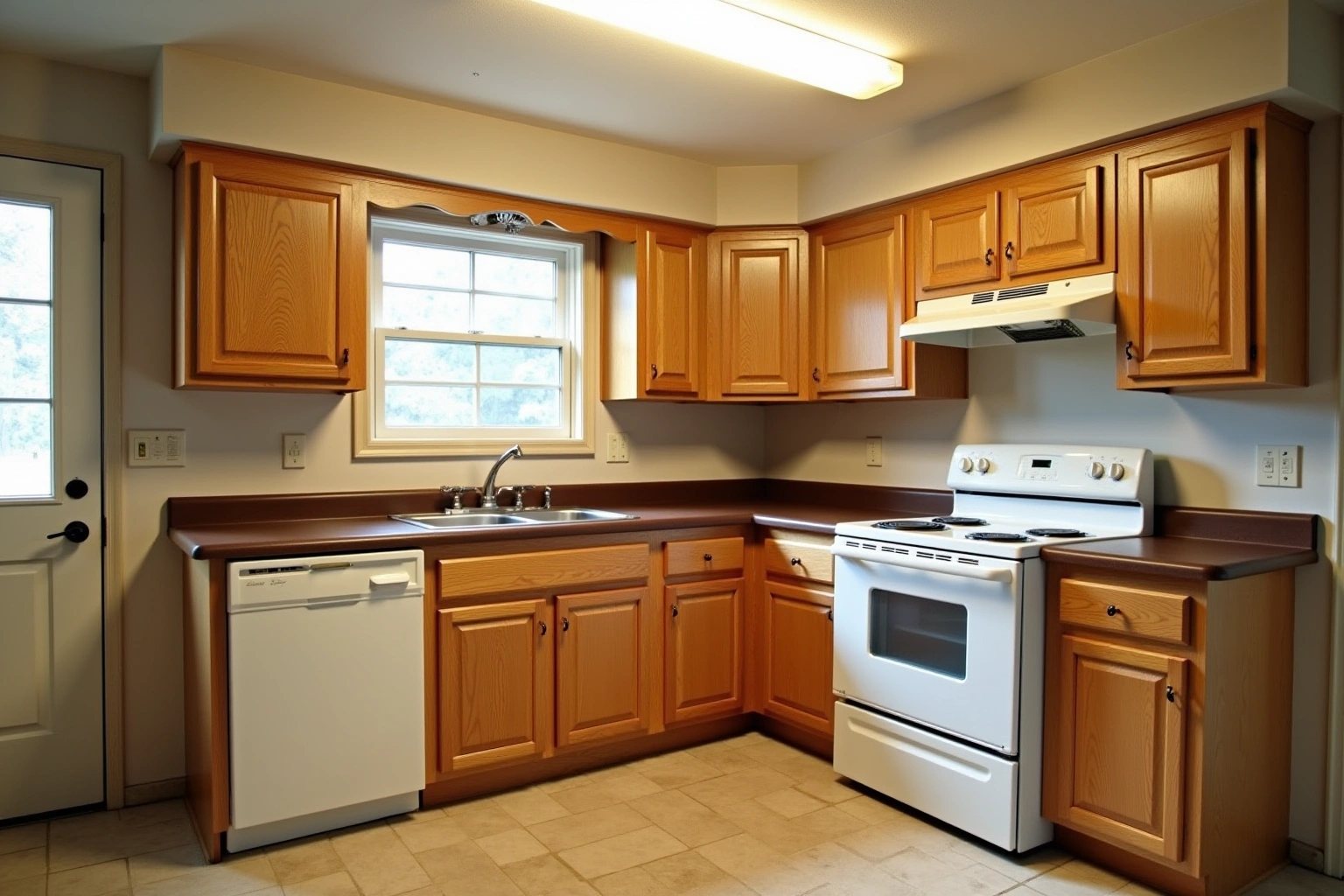 Dated kitchen with honey oak raised-panel cabinets, brown laminate counters, white appliances and a fluorescent ceiling light.