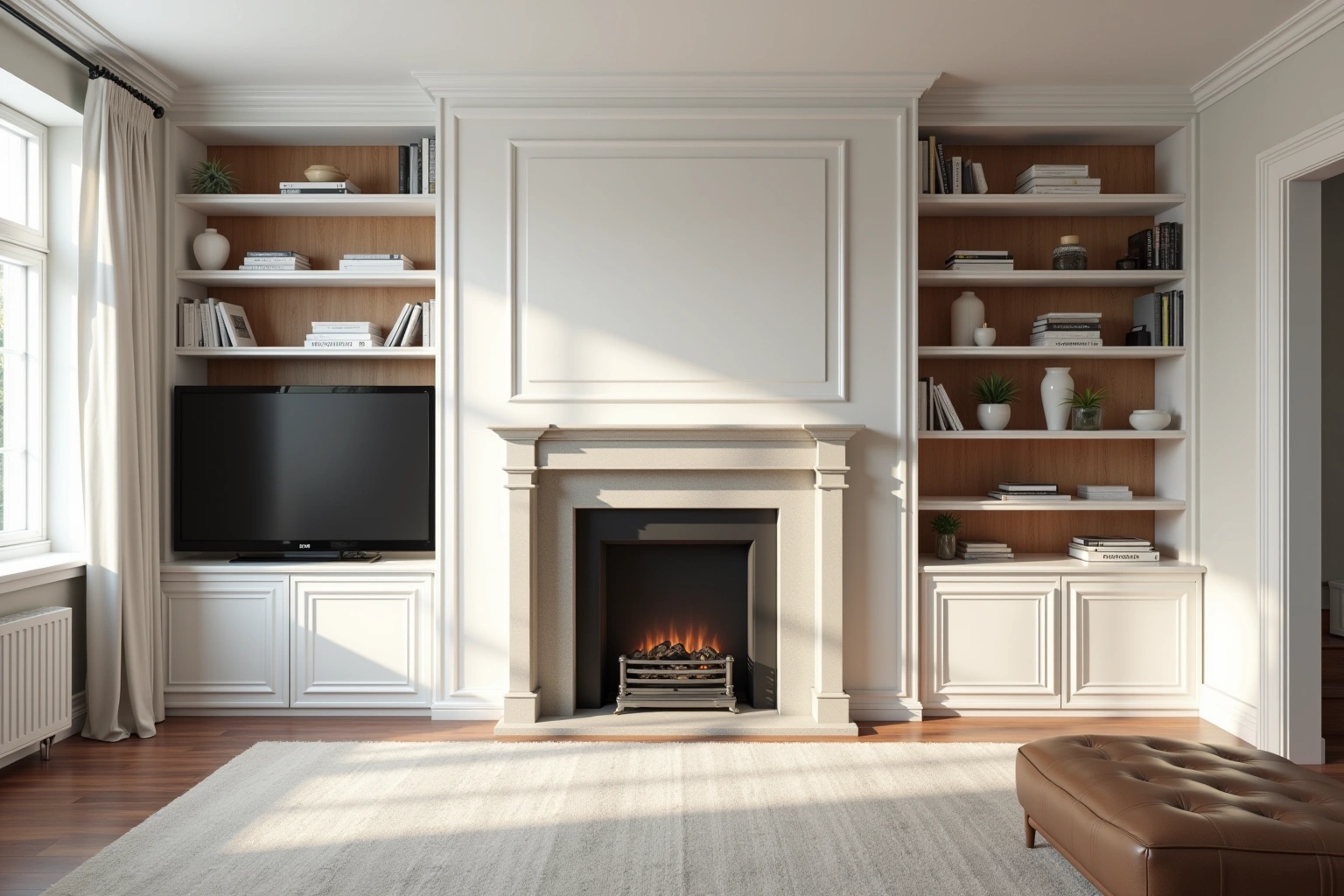 Warm white painted built-in bookcases and base cabinets flank a stone fireplace, with a television on the left shelves.